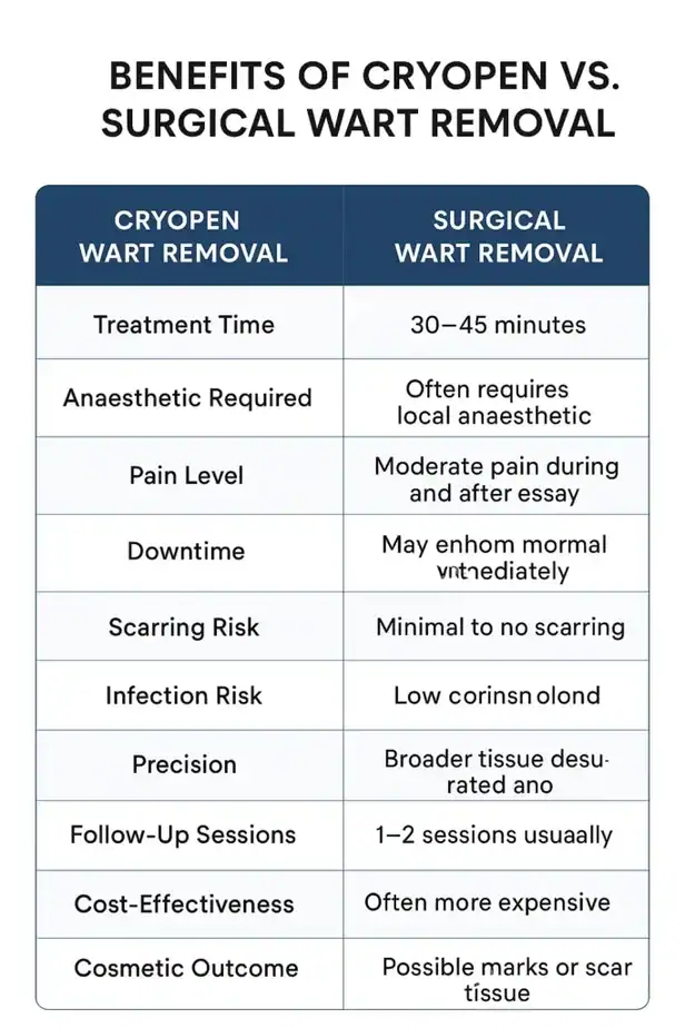 Table showing the benefits of cryopen to remove warts Kilburn compared to surgical treatment